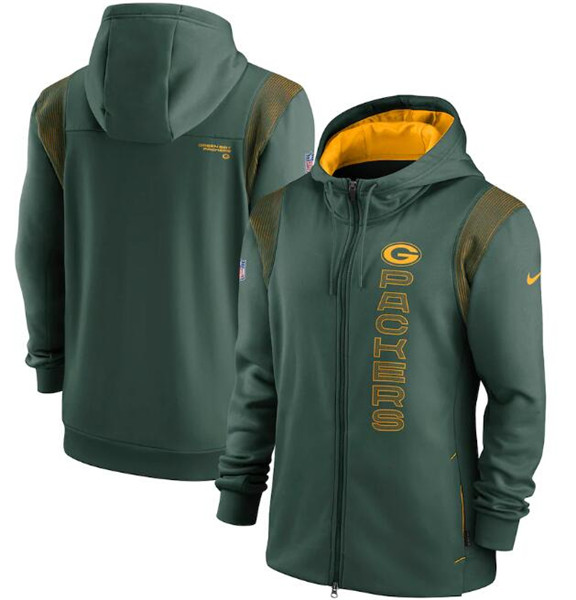 Men's Green Bay Packers 2021 Green Sideline Team Performance Full-Zip Hoodie